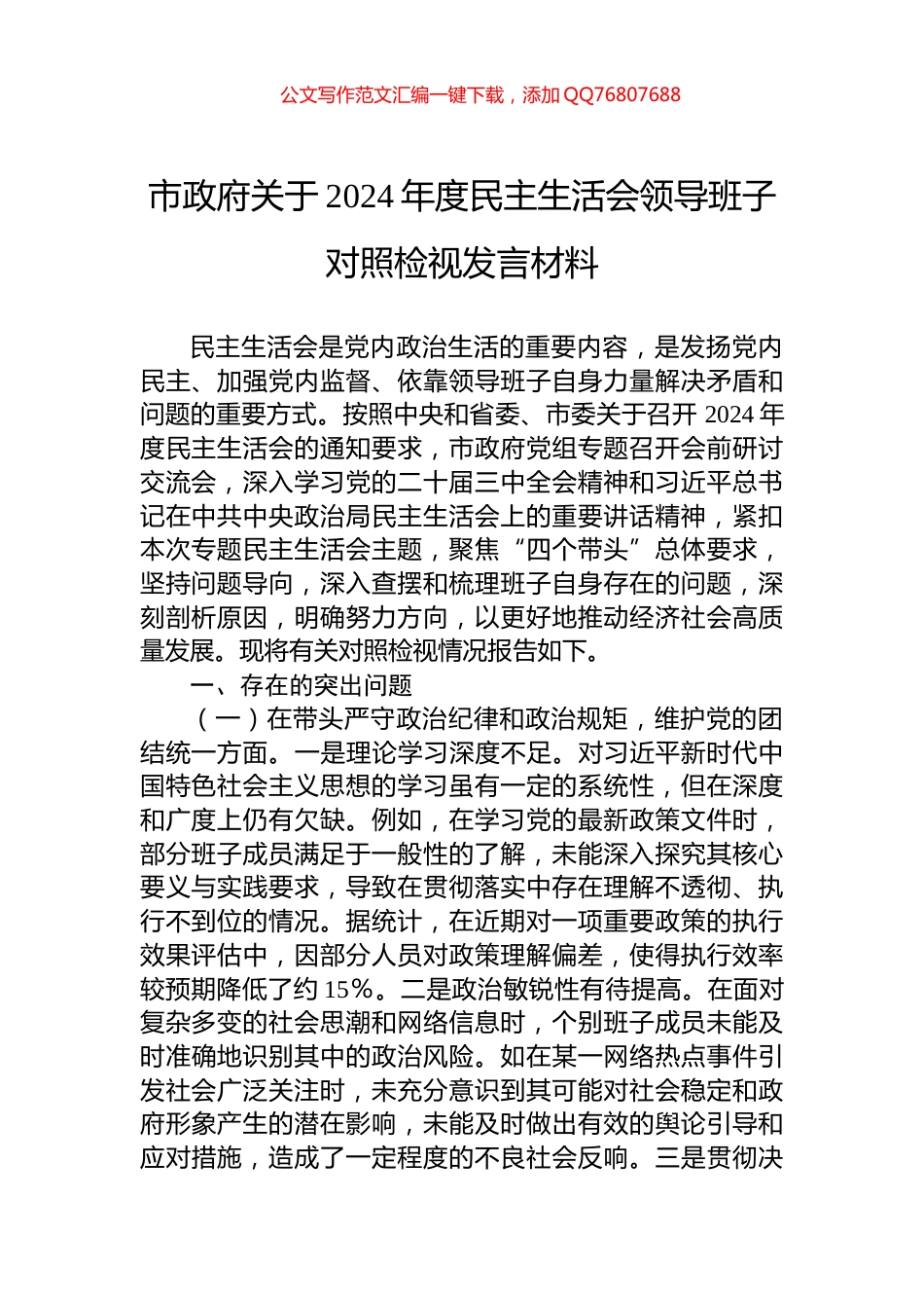 市政府关于2024年度民主生活会领导班子对照检视发言材料_第1页