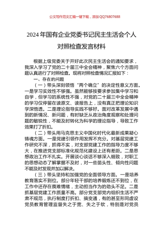 2024年国有企业党委书记民主生活会个人对照检查发言材料