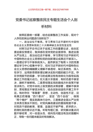 党委书记巡察整改民主专题生活会个人剖析材料