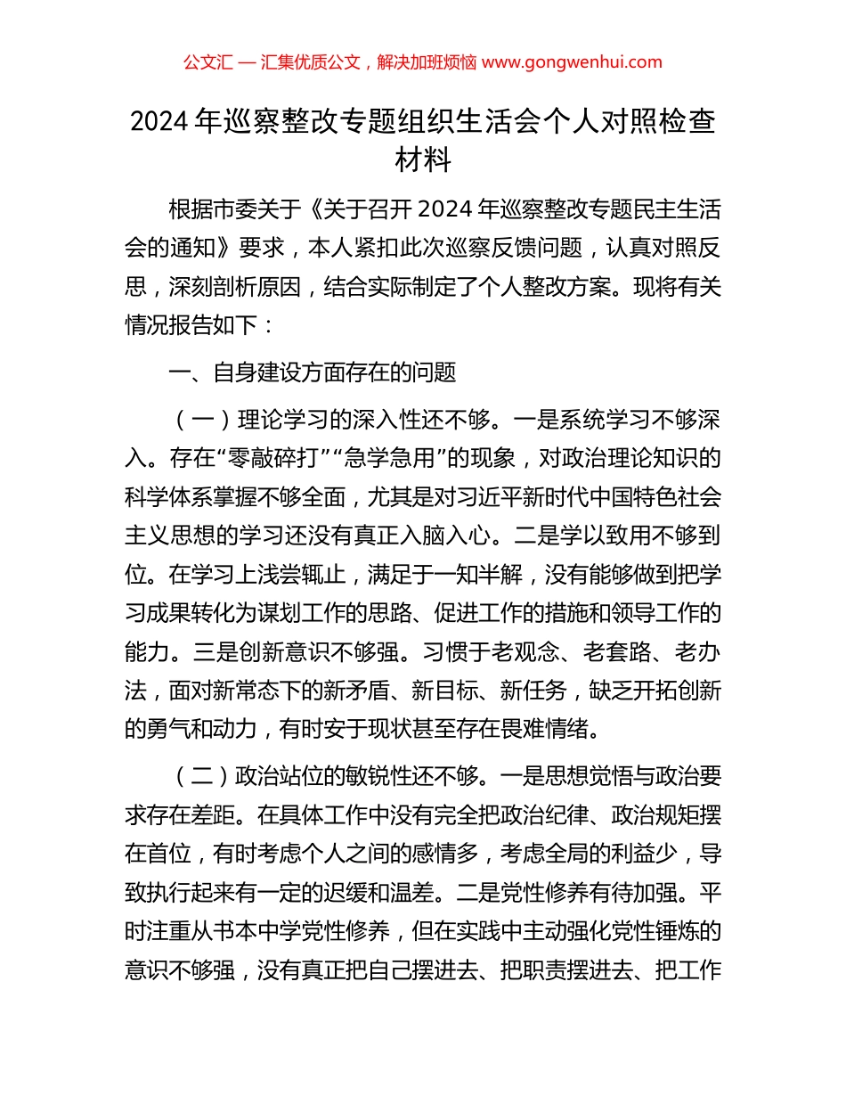 2024年巡察整改专题组织生活会个人对照检查材料_第1页