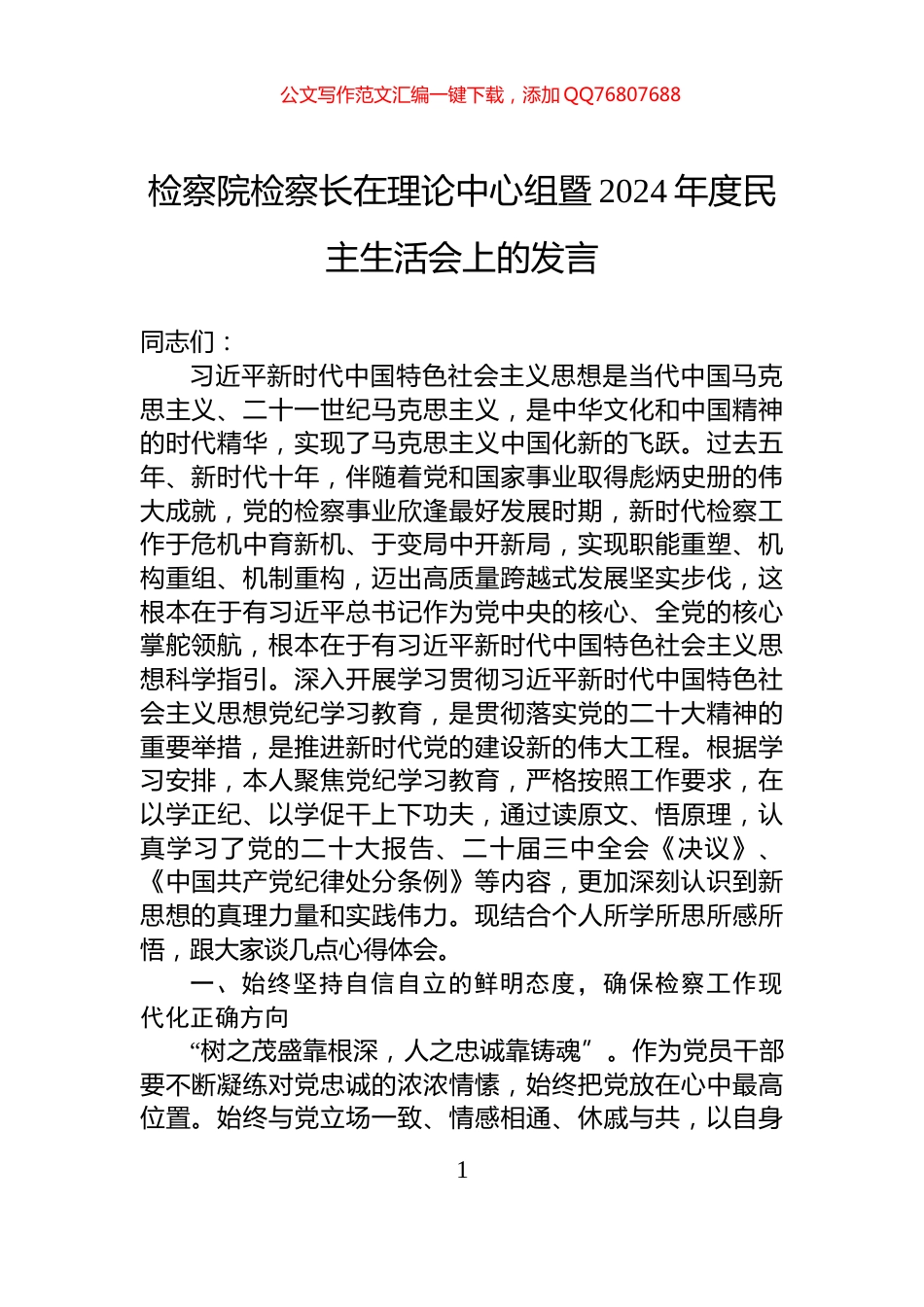 检察院检察长在理论中心组暨2024年度民主生活会上的发言_第1页