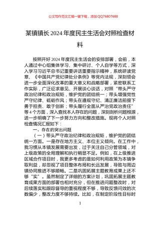 某镇镇长2024年度民主生活会对照检查材料