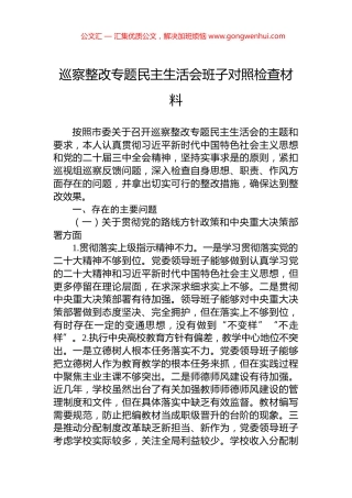 巡察整改专题民主生活会班子对照检查材料 (2)