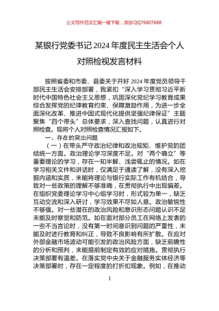 某银行党委书记2024年度民主生活会个人对照检视发言材料