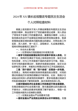2024年XX镇长巡视整改专题民主生活会个人对照检查材料
