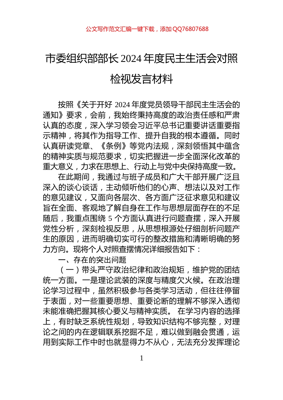市委组织部部长2024年度民主生活会对照检视发言材料_第1页