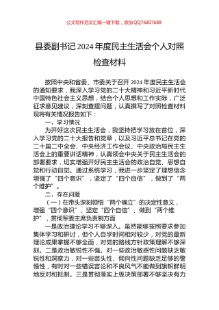 县委副书记2024年度民主生活会个人对照检查材料