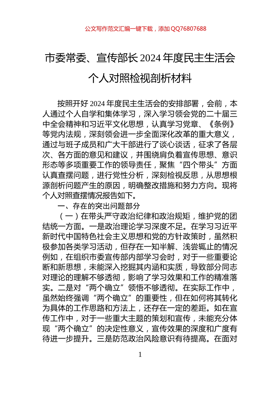 市委常委、宣传部长2024年度民主生活会个人对照检视剖析材料_第1页