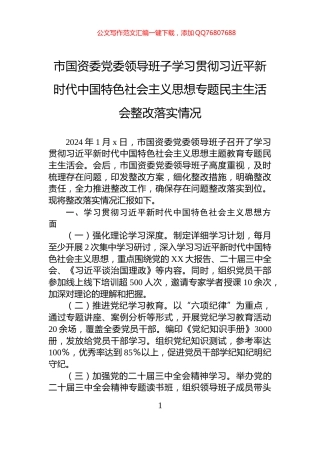 市国资委党委领导班子学习贯彻习近平新时代中国特色社会主义思想专题民主生活会整改落实情况