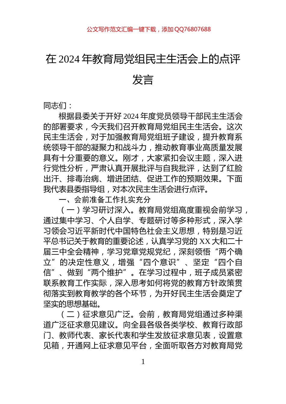 在2024年教育局党组民主生活会上的点评发言_第1页