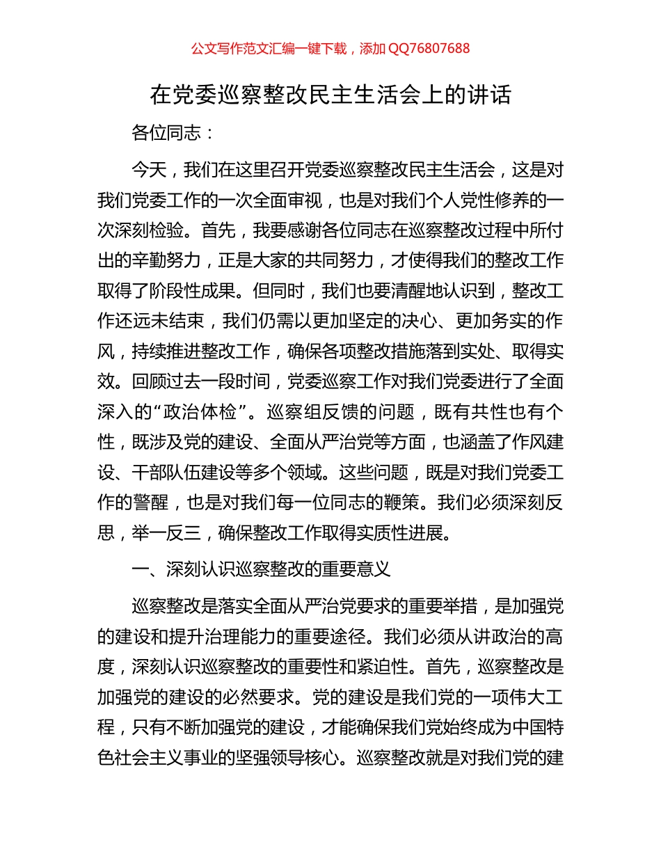 在党委巡察整改民主生活会上的讲话_第1页