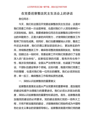 在党委巡察整改民主生活会上的讲话