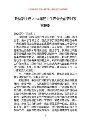 政协副主席2024年民主生活会会前研讨发言提纲