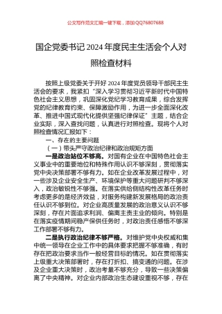 国企党委书记2024年度民主生活会个人对照检查材料