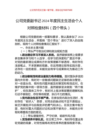 公司党委副书记2024年度民主生活会个人对照检查材料（四个带头）