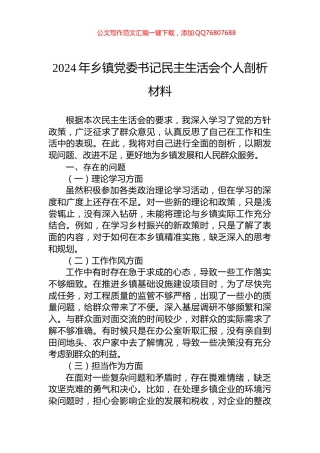 2024年乡镇党委书记民主生活会个人剖析材料
