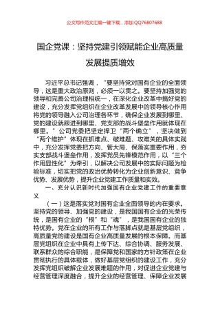 国企党课：坚持党建引领赋能企业高质量发展提质增效