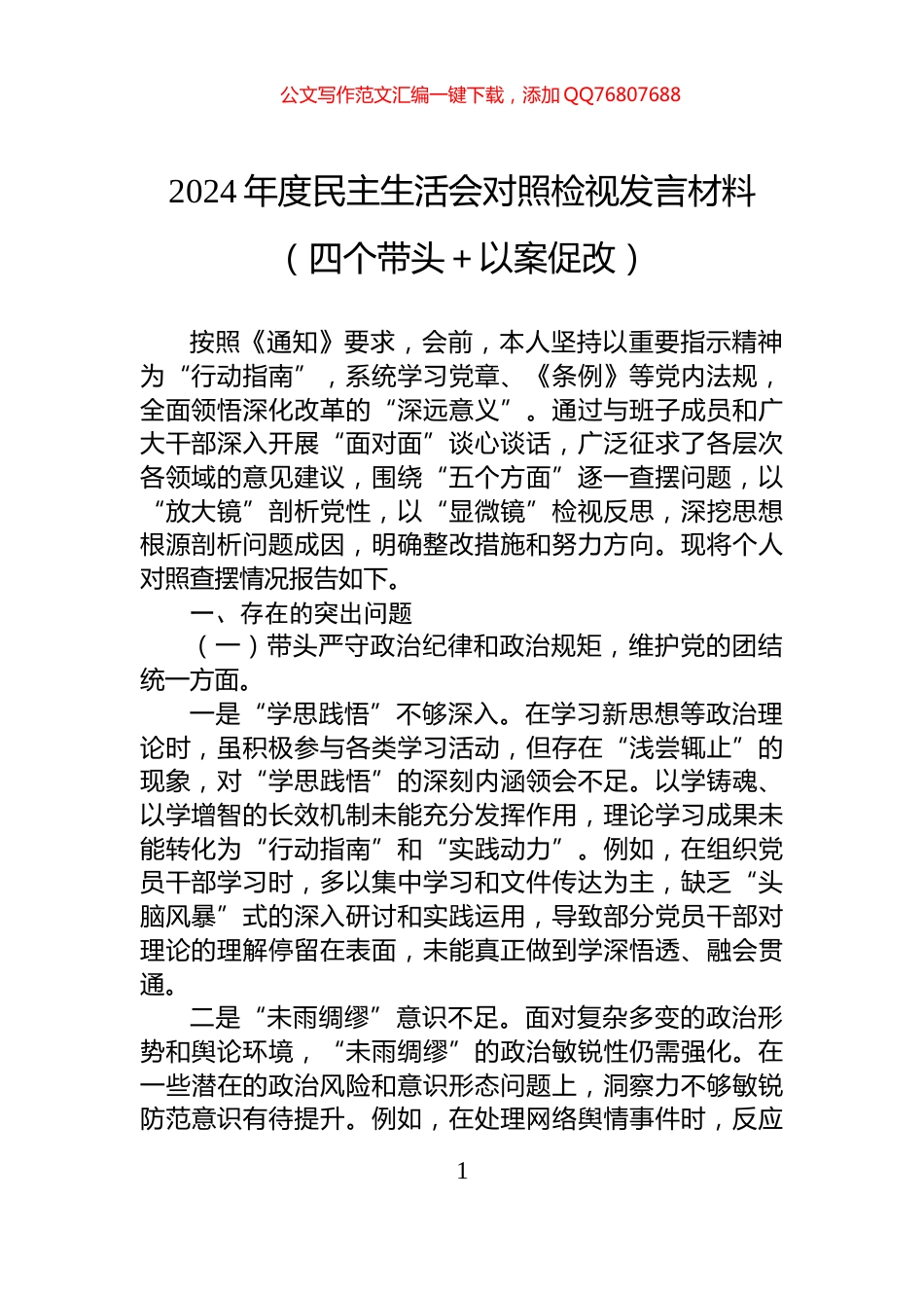 2024年度民主生活会对照检视发言材料_第1页