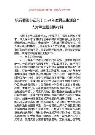 镇党委副书记关于2024年度民主生活会个人对照查摆剖析材料