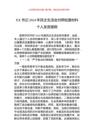 XX书记2024年民主生活会对照检查材料个人发言提纲