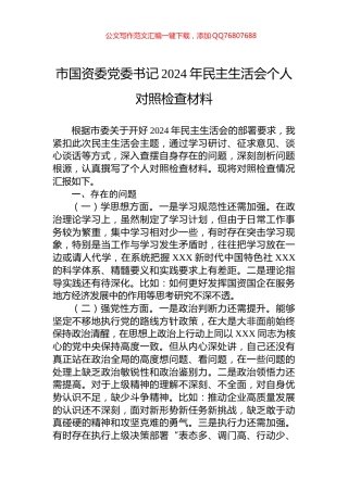 市国资委党委书记2024年民主生活会个人对照检查材料