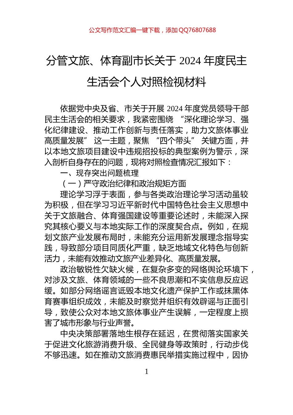 分管文旅、体育副市长关于+2024+年度民主生活会个人对照检视材料_第1页