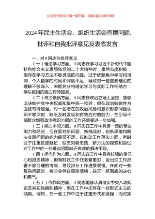 2024年民主生活会、组织生活会查摆问题、批评和自我批评意见及表态发言
