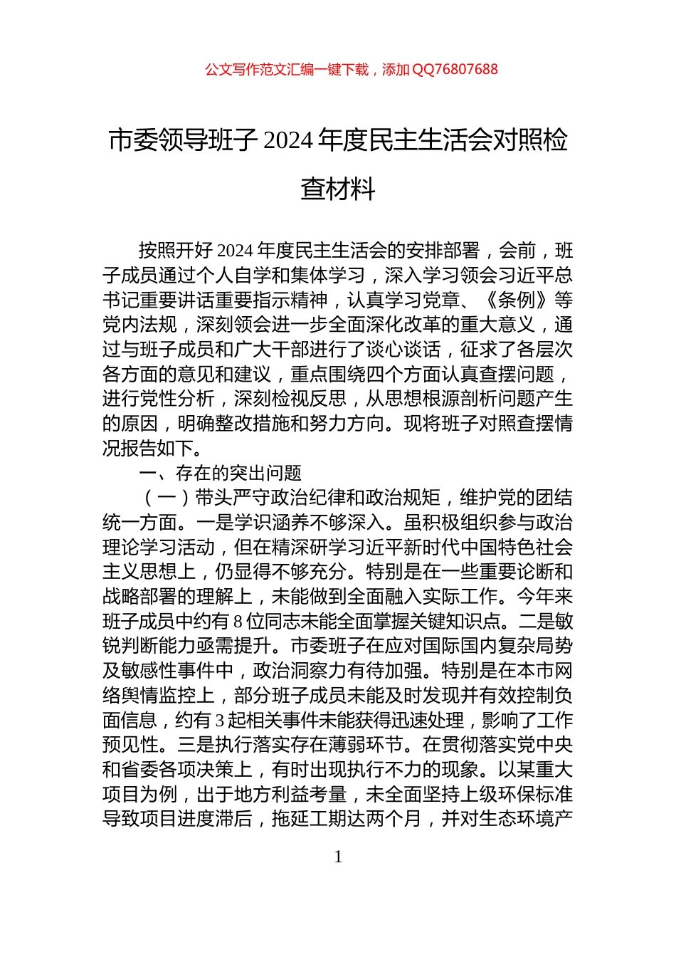 市委领导班子2024年度民主生活会对照检查材料_第1页