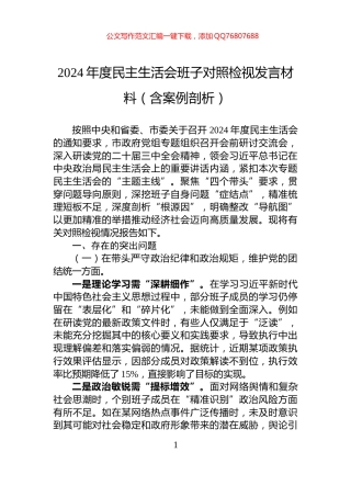 2024年度民主生活会班子对照检视发言材料（含案例剖析）