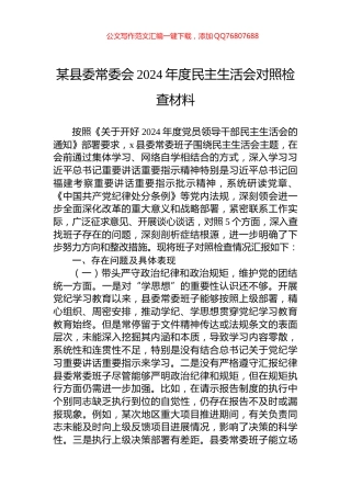 某县委常委会2024年度民主生活会对照检查材料