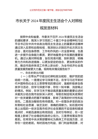 市长关于2024年度民主生活会个人对照检视发言材料