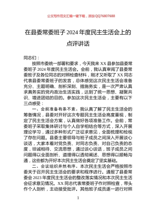 在县委常委班子2024年度民主生活会上的点评讲话