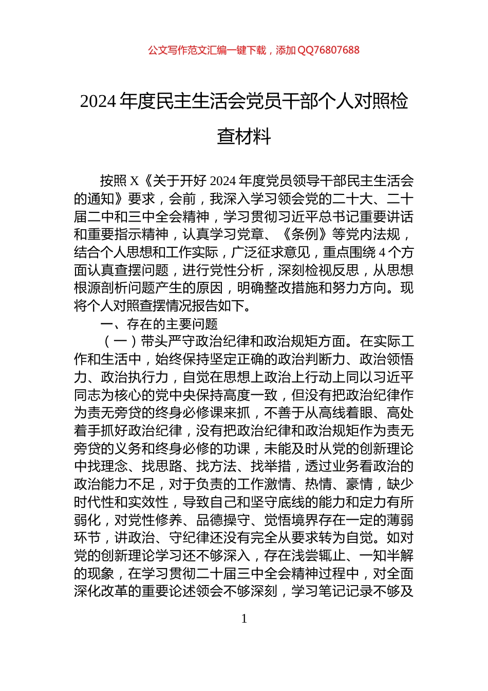 2024年度民主生活会党员干部个人对照检查材料_第1页