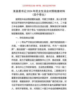 某县委书记2024年民主生活会对照检查材料