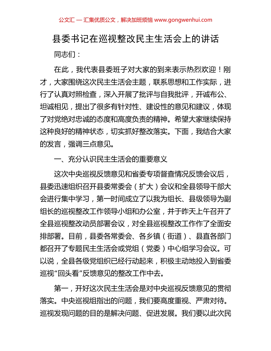 县委书记在巡视整改民主生活会上的讲话_第1页