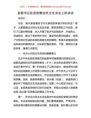 县委书记在巡视整改民主生活会上的讲话