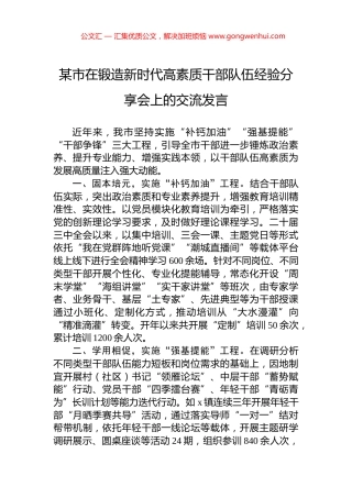 某市在锻造新时代高素质干部队伍经验分享会上的交流发言