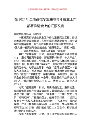 在2024年全市高校毕业生等青年就业工作部署推进会上的汇报发言