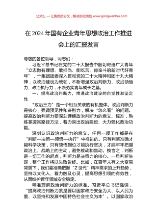 在2024年国有企业青年思想政治工作推进会上的汇报发言