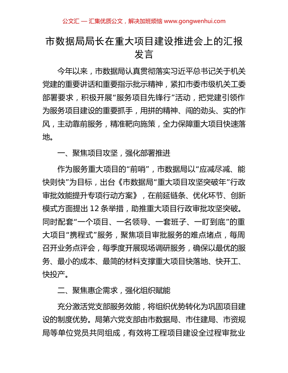 市数据局局长在重大项目建设推进会上的汇报发言_第1页