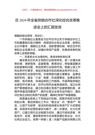 在2024年全省供销合作社深化综合改革推进会上的汇报发言