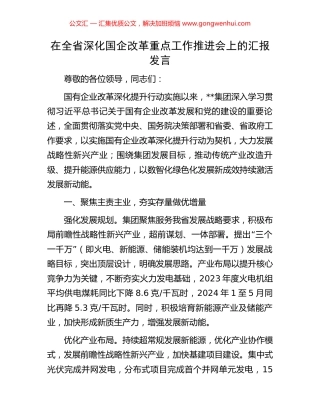 在全省深化国企改革重点工作推进会上的汇报发言