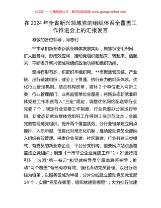 在2024年全省新兴领域党的组织体系全覆盖工作推进会上的汇报发言