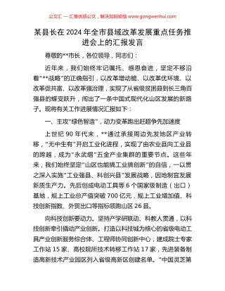 某县长在2024年全市县域改革发展重点任务推进会上的汇报发言