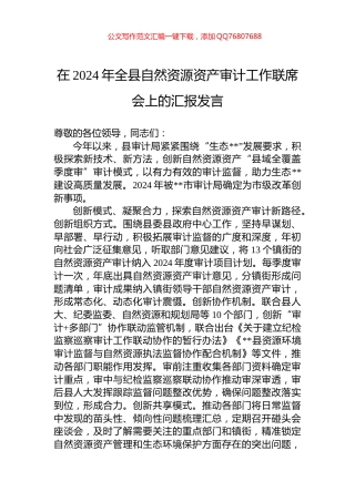 在2024年全县自然资源资产审计工作联席会上的汇报发言