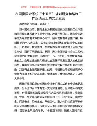在国资国企系统“十五五”规划研究和编制工作座谈会上的交流发言