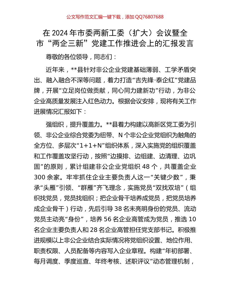 在2024年市委两新工委（扩大）会议暨全市“两企三新”党建工作推进会上的汇报发言_第1页