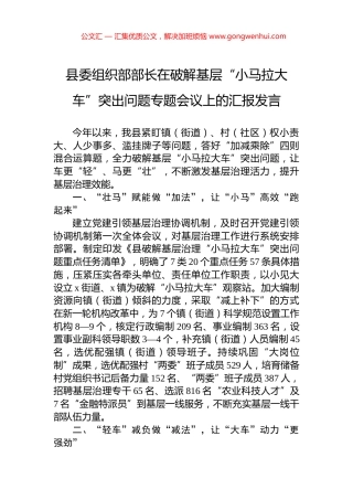 县委组织部部长在破解基层“小马拉大车”突出问题专题会议上的汇报发言