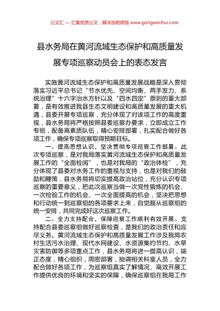 县水务局在黄河流域生态保护和高质量发展专项巡察动员会上的表态发言