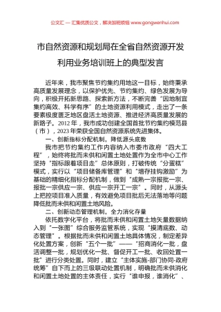 市自然资源和规划局在全省自然资源开发利用业务培训班上的典型发言